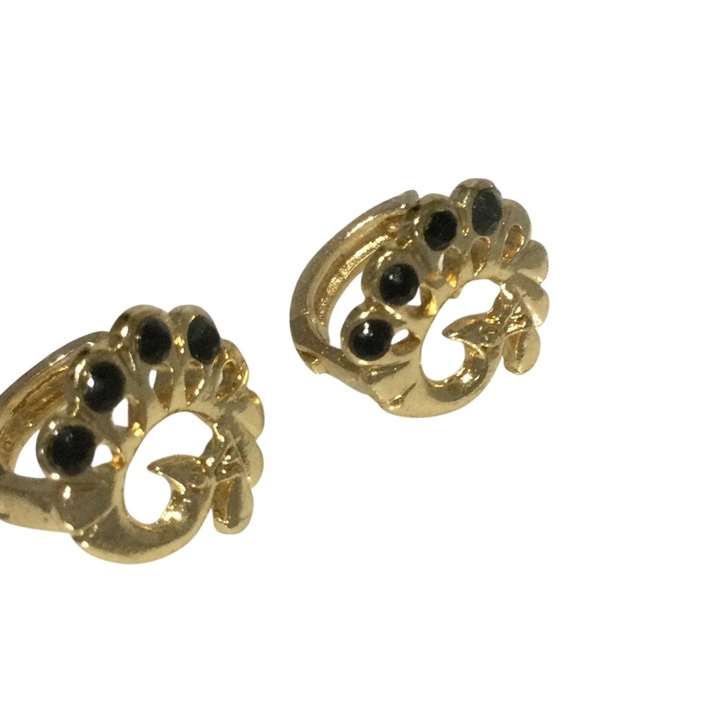LAMINATED Gold Tone Peacock  Hoop Earrings with Black Accents Small Hinged Hoops